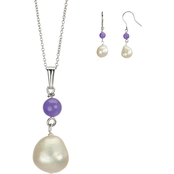 Sterling Silver Purple Jade and Cultured Freshwater Pearl Pendant and Earrings Set