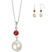 Sterling Silver Red Jade and Cultured Freshwater Pearl Pendant and Earrings Set