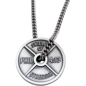 Shields of Strength Men's Stainless Steel Stack Plate Dumbbell Necklace, Phil 4:13