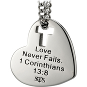 Shields of Strength Stainless Steel Heart with Cross Necklace I Corinthians 13:8