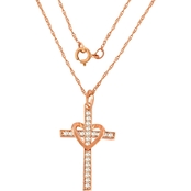 14K Rose Gold Lab Created White Sapphire Cross and Heart Pendant