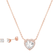 Rose Gold Over Sterling Silver Cubic Zirconia Heart Pendant and Earrings Set