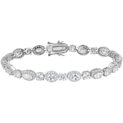 Rhodium Over Sterling Silver Created White Sapphire Oval Halo Tennis Bracelet