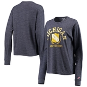 League Collegiate Wear Women's Heathered Navy Michigan Wolverines Seal Victory Falls Oversized Tri-Blend Long Sleeve T-Shirt
