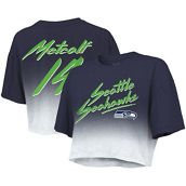 Women's Majestic Threads DK Metcalf Navy/White Seattle Seahawks Drip-Dye Player Name & Number Tri-Blend Crop T-Shirt