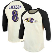 Men's Fanatics Branded Lamar Jackson Cream/Black Baltimore Ravens Vintage Player Name & Number Raglan 3/4-Sleeve T-Shirt