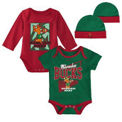 Mitchell & Ness Newborn & Infant Hunter Green/Red Milwaukee Bucks 3-Piece Hardwood Classics Bodysuits & Cuffed Knit Hat Set
