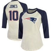 Women's Majestic Threads Mac Jones Cream/Navy New England Patriots Player Name & Number Raglan 3/4-Sleeve T-Shirt