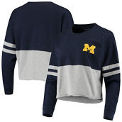 Women's Navy/Heathered Gray Michigan Wolverines Cropped Retro Jersey Long Sleeve T-Shirt