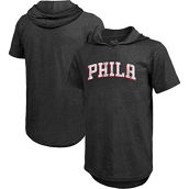 Men's Majestic Threads Heathered Black Philadelphia 76ers Wordmark Tri-Blend Hoodie T-Shirt