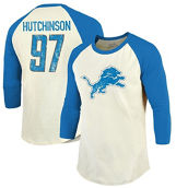 Men's Majestic Threads Aidan Hutchinson Cream/Blue Detroit Lions Name & Number Raglan 3/4 Sleeve T-Shirt