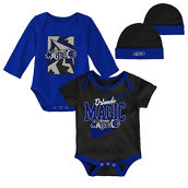 Newborn & Infant Mitchell & Ness Black/Blue Orlando Magic 3-Piece Hardwood Classics Bodysuits & Cuffed Knit Hat Set