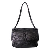 Saint Laurent Niki Medium Crocodile Embossed Leather Black Satchel Bag 498894