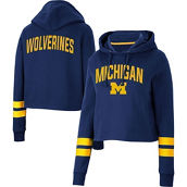 Colosseum Women's Navy Michigan Wolverines Throwback Stripe Cropped Pullover Hoodie