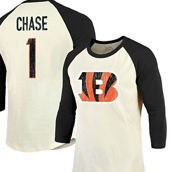 Majestic Threads Men's Threads Ja'Marr Chase Cream/Black Cincinnati Bengals Player Name & Number Raglan 3/4-Sleeve T-Shirt
