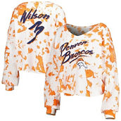 Women's Majestic Threads Russell Wilson White/Orange Denver Broncos Off-Shoulder Tie-Dye Name & Number Cropped Long Sleeve V-Neck T-Shirt