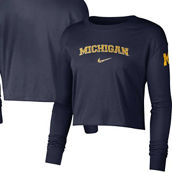 Nike Women's Navy Michigan Wolverines 2-Hit Cropped Long Sleeve Logo T-Shirt