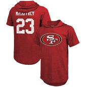Majestic Threads Men's Threads Christian McCaffrey Scarlet San Francisco 49ers Player Name & Number Tri-Blend Short Sleeve Hoodie T-Shirt