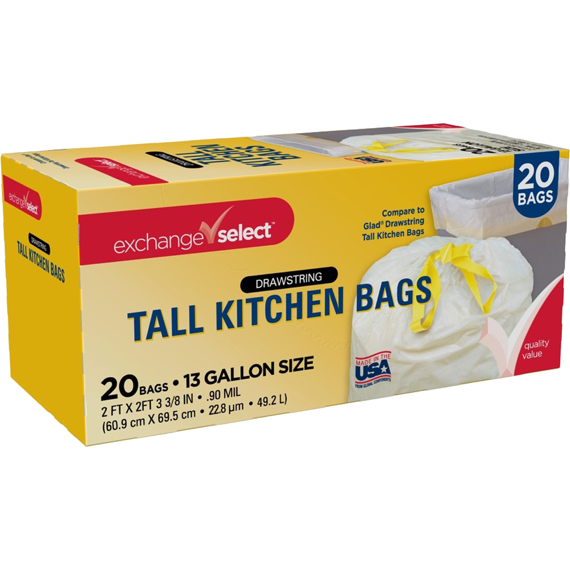 Tall Kitchen Trash Bag, Drawstring Closure, White, 13 Gallon, 90