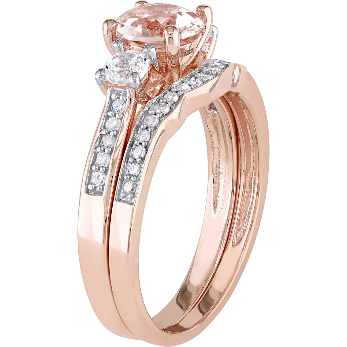 Sofia B. 10K Rose Gold Morganite Sapphire 1/7 CTW Diamond 3 Stone Bridal Set - Image 2 of 4