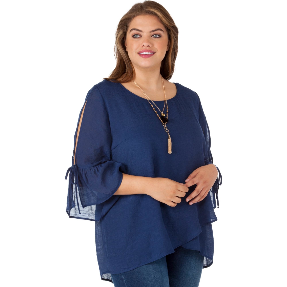 AGB Plus Size Tulip Front Gauze Blouse with Necklace - Image 3 of 4