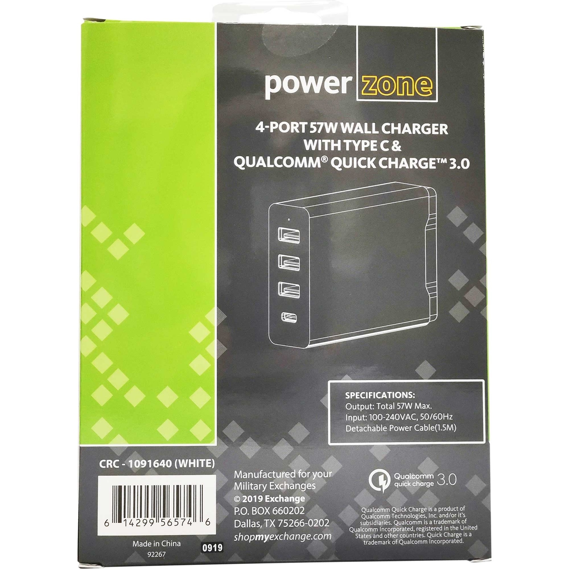 Powerzone 4 Port 57W Wall Charger with Type C & Qualcomm Quick Charge 3.0 - Image 4 of 4