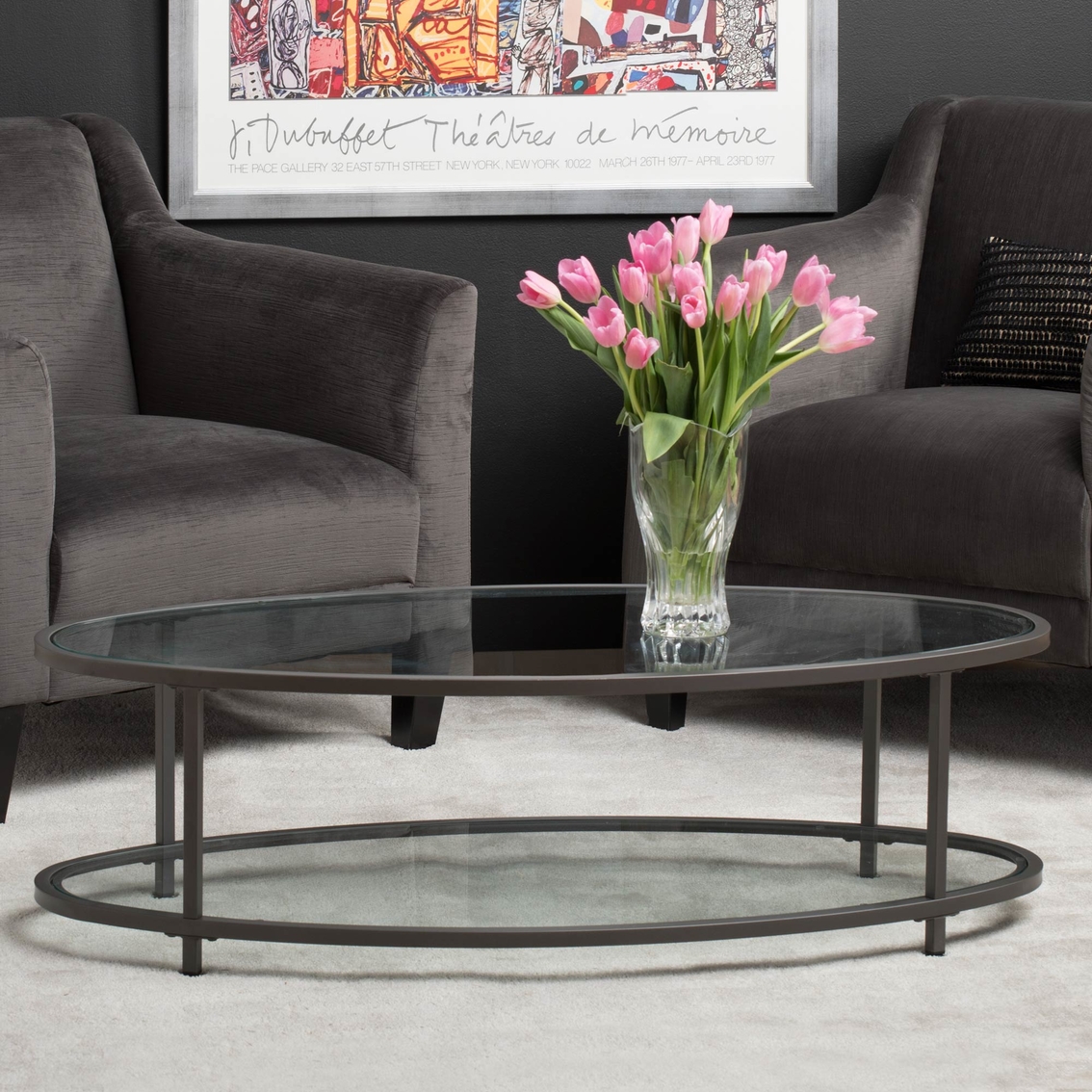 Studio Designs Home Camber 48 In. Oval Coffee Table in Pewter and Clear Glass - Image 4 of 4