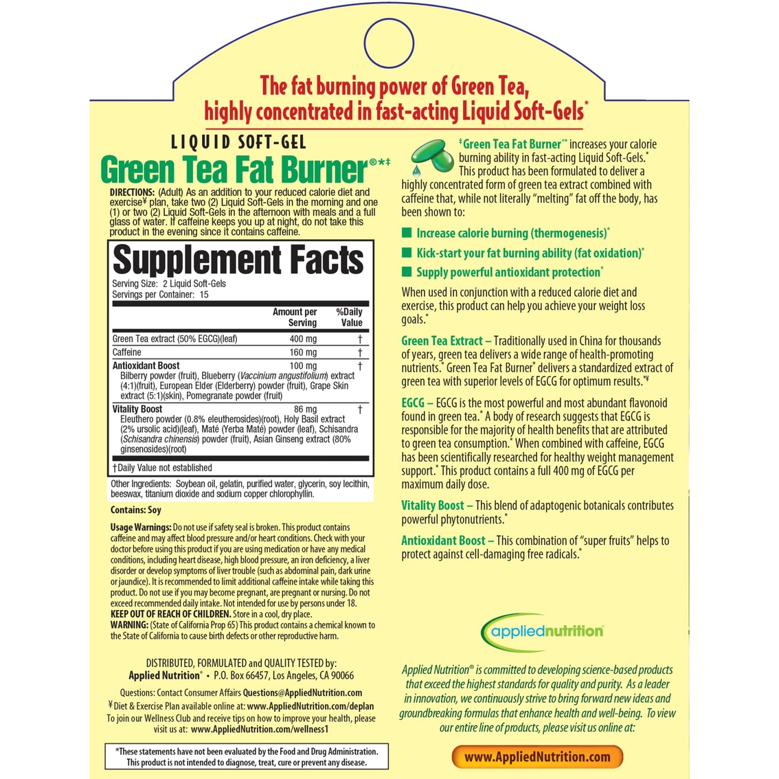 Applied Nutrition Green Tea Fat Burner Liquid Soft Gel 30 Ct. - Image 2 of 2