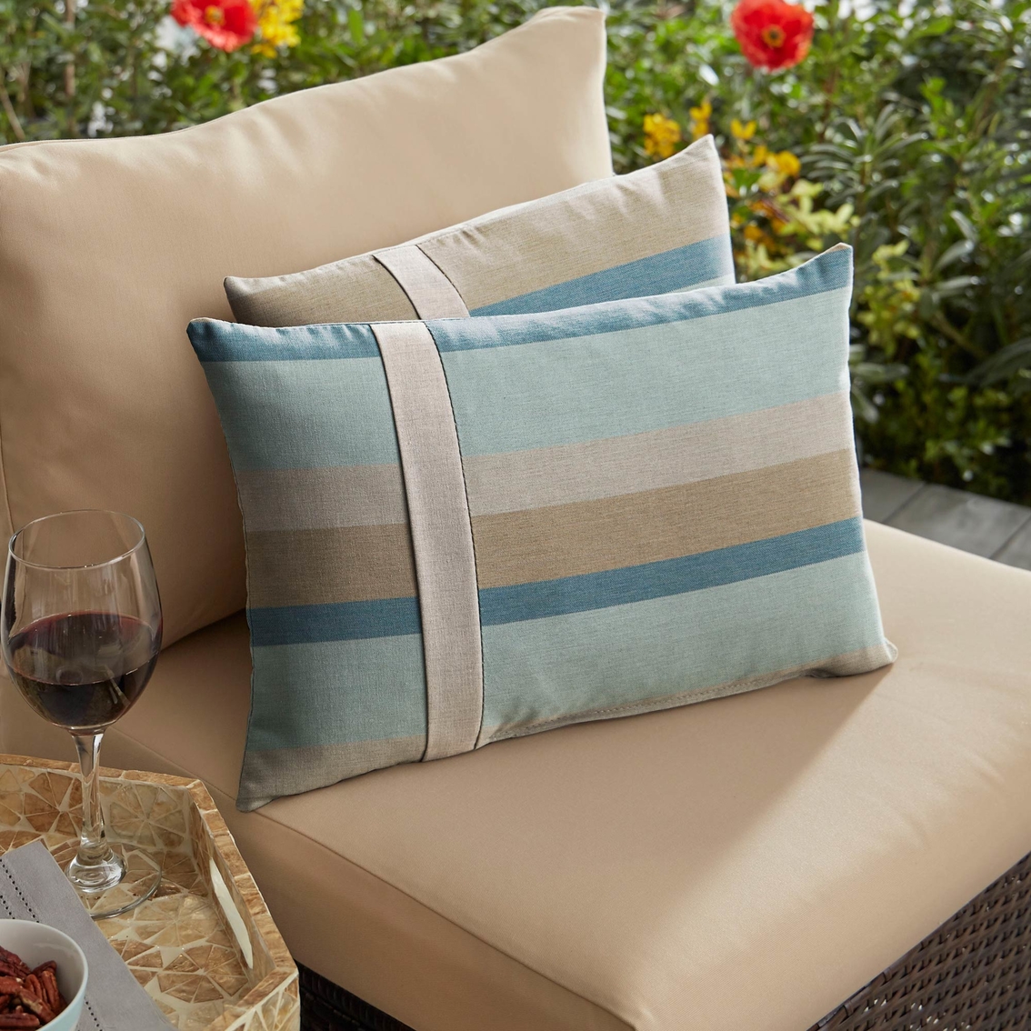 Mozaic Sunbrella Gateway Mist Stripe with Silver Blue Large Flange Pillows Set of 2 - Image 2 of 2