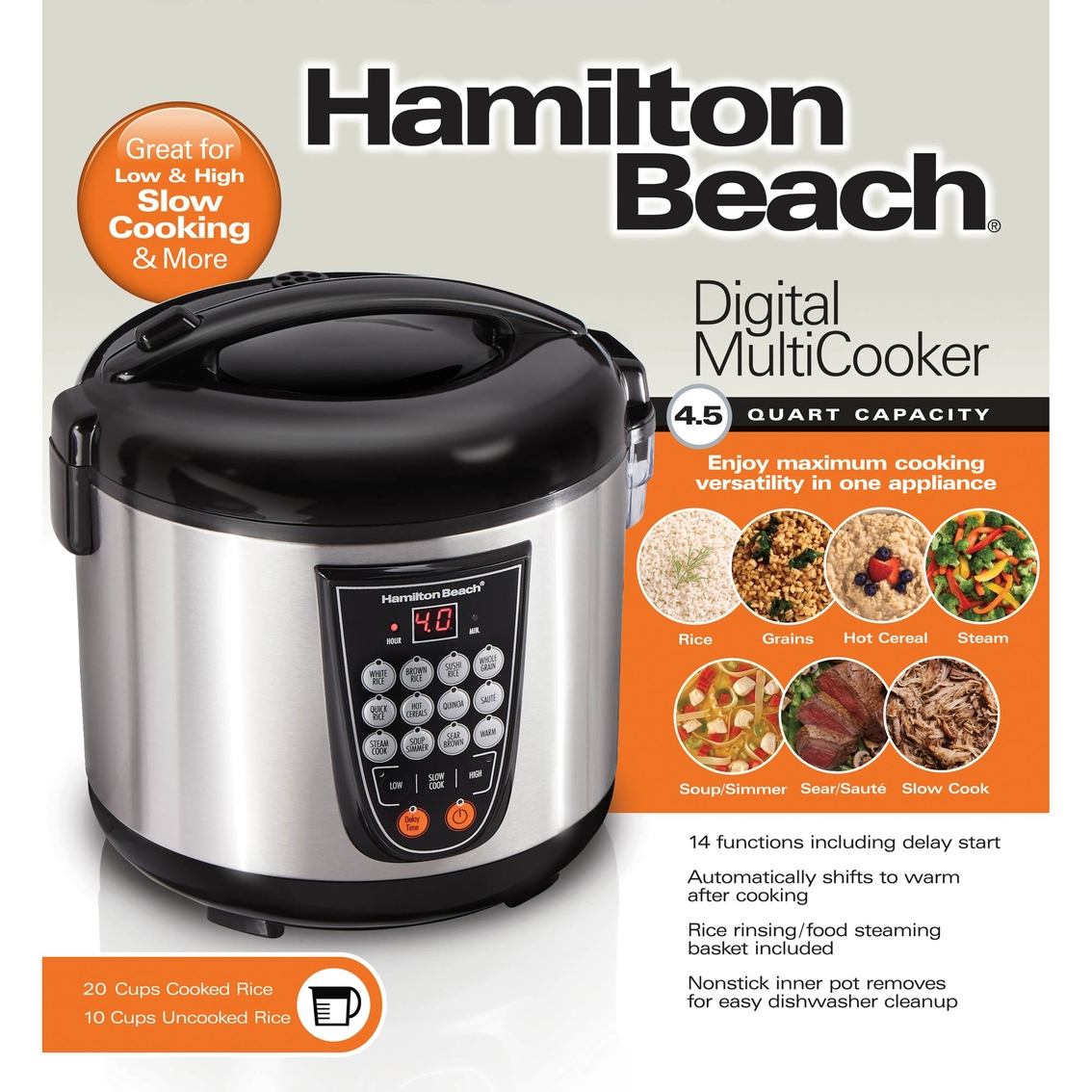 Hamilton Beach Digital Programmable Rice and Slow Cooker & Food Steamer, 20  Cups Cooked (10 Cups Uncooked), 14 Pre-Programmed Settings for Sear Saute