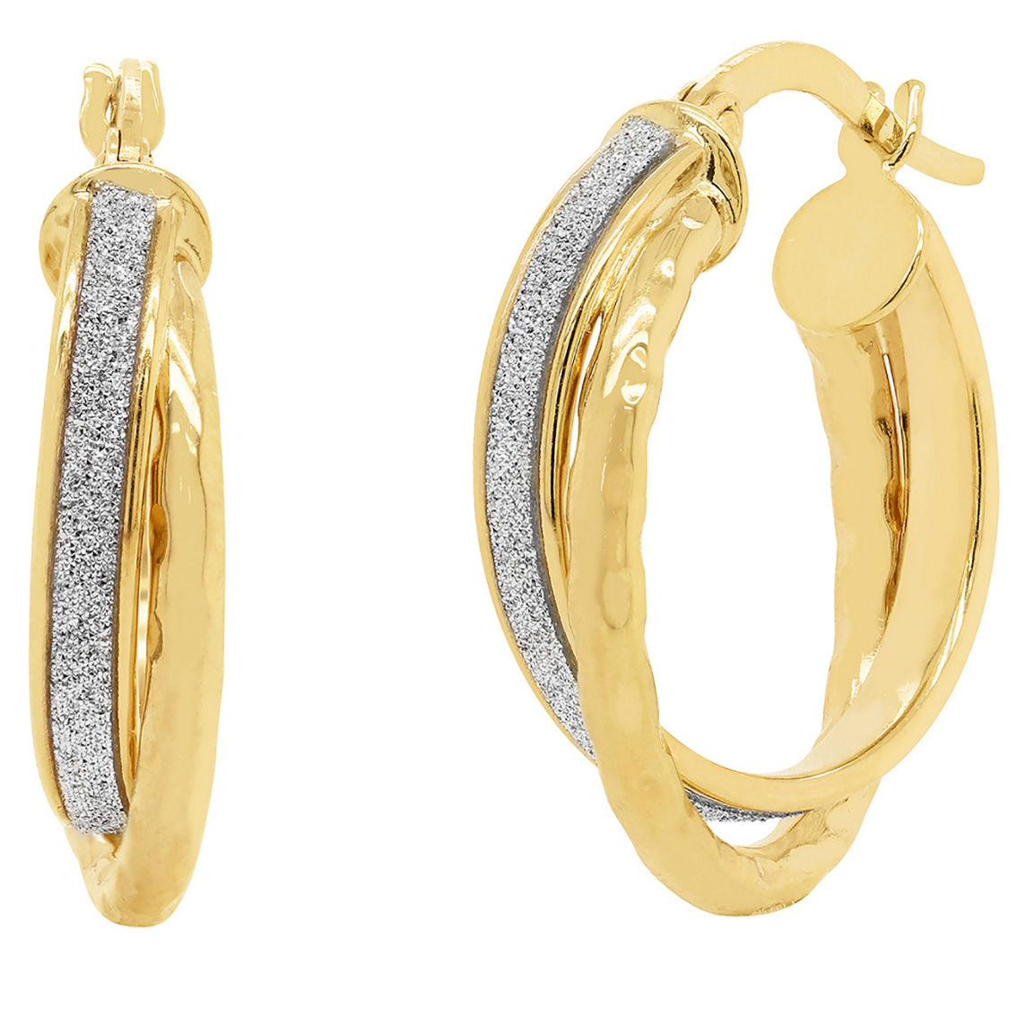 10k Yellow Gold Textured Double Crossover Hoop Earrings With Glitter ...