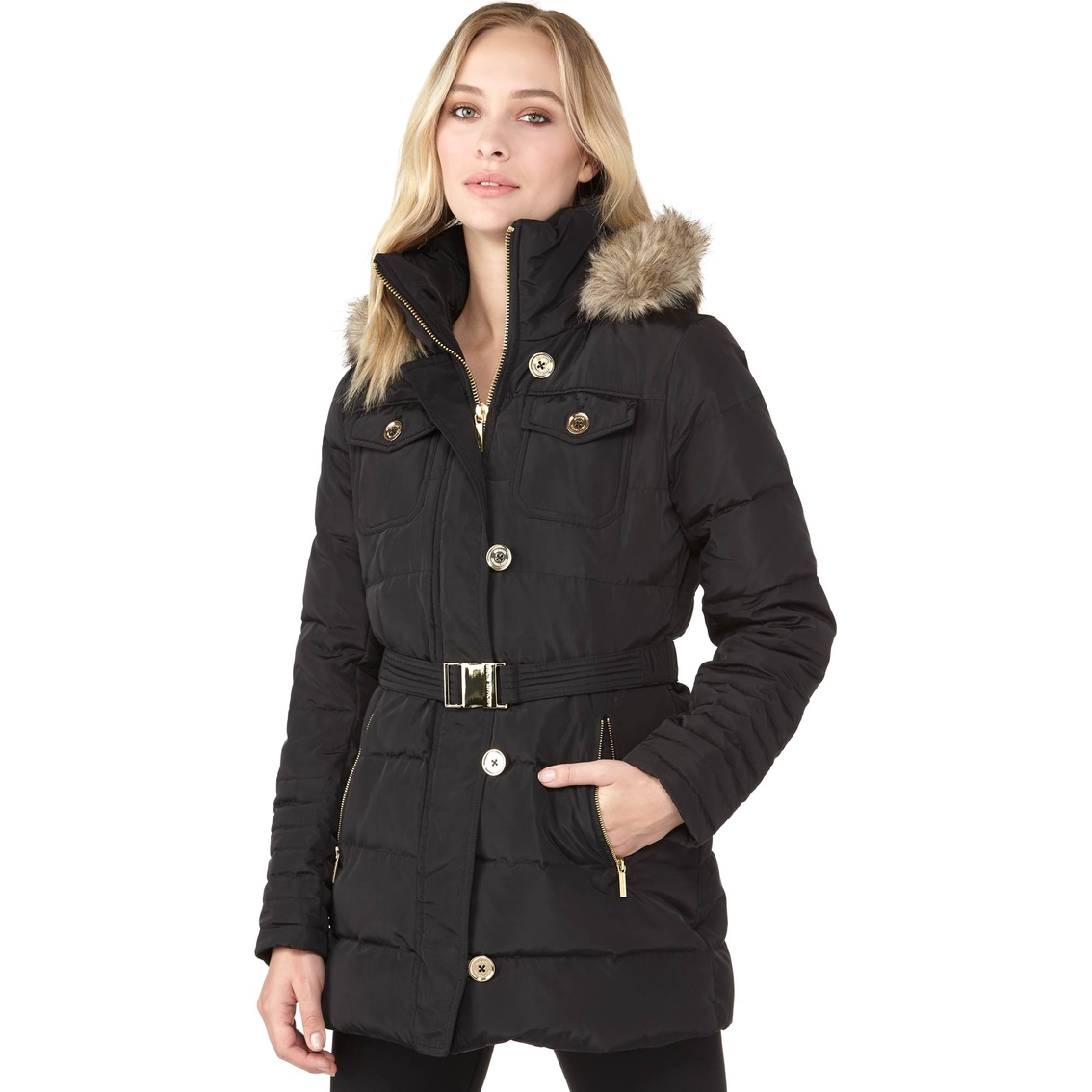 Michael Kors Mid Faux Fur Hooded Jacket With Belt | Coats | Clothing ...