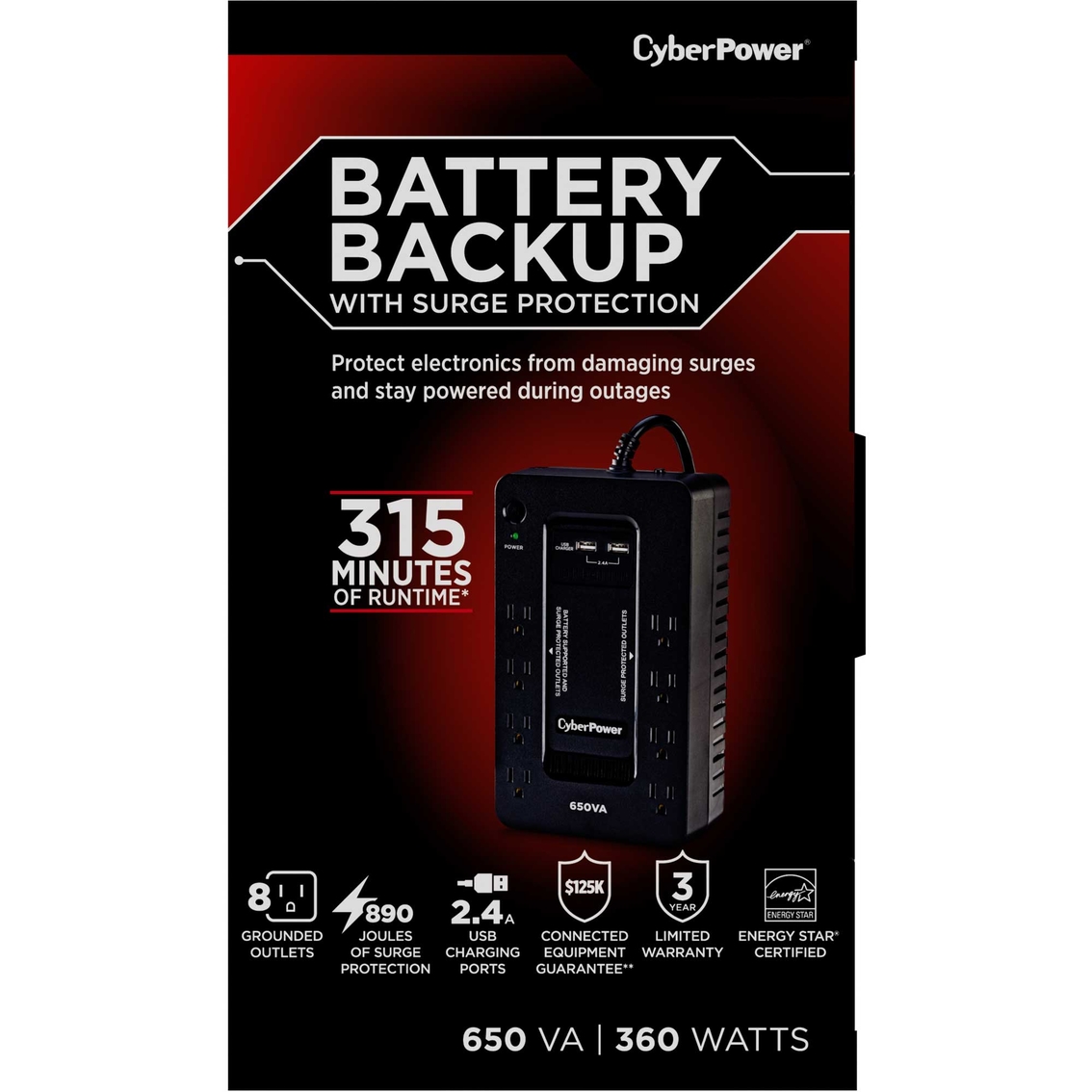 CyberPower 650VA UPS System with 8 Outlets and 2 USB Charging Ports - Image 5 of 7