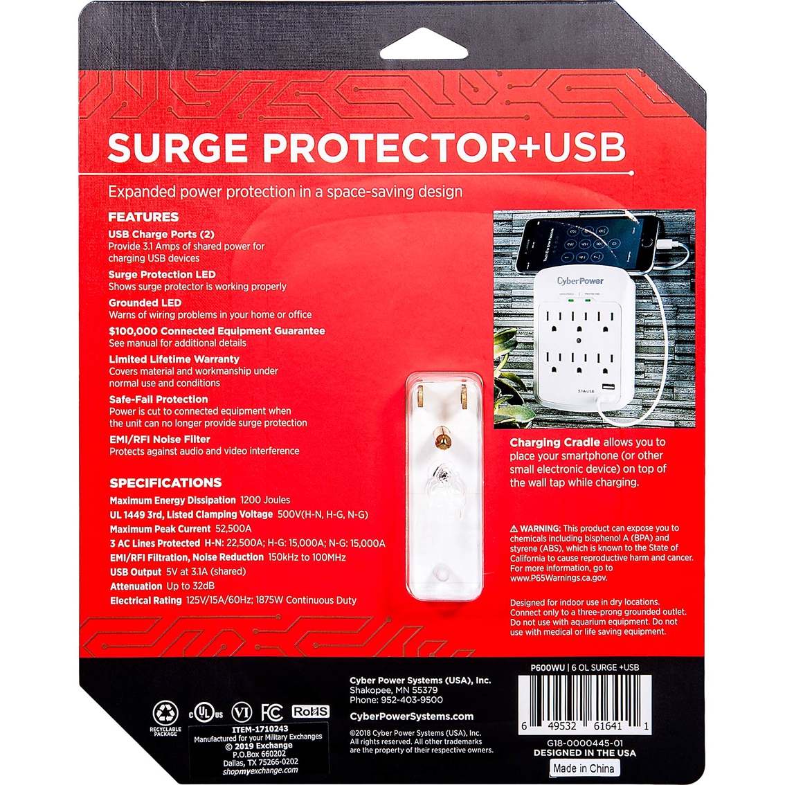 Powerzone 6 Outlet 2 USB Surge Protector Wall Tap - Image 2 of 3