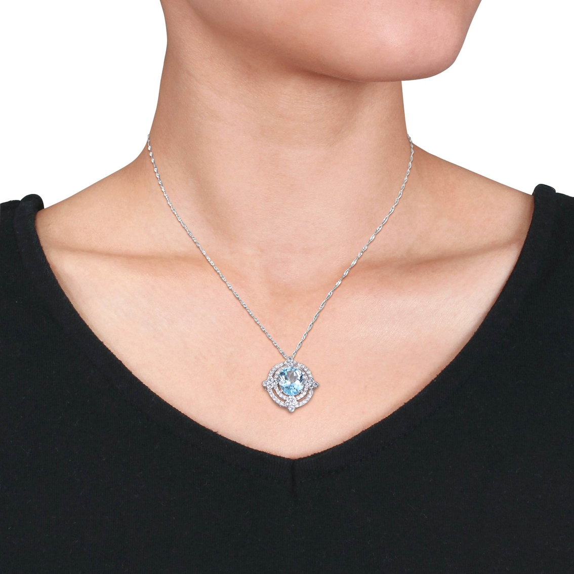 Sofia B. Blue Topaz and 1/2 CTW Diamond Halo Necklace in 14K White Gold - Image 2 of 2