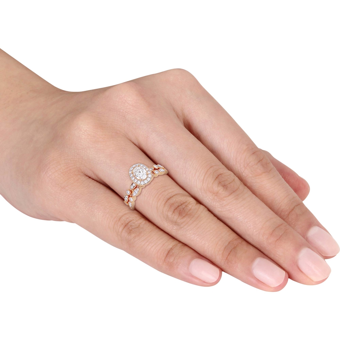 Diamore 14K Rose Gold 1 CTW Oval Cut Diamond Vintage Halo Bridal Set - Image 4 of 4