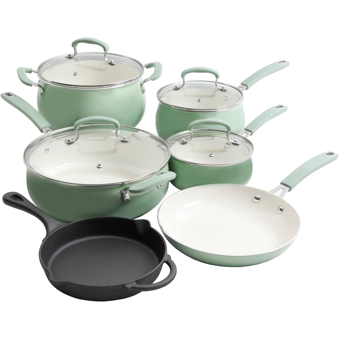 The Pioneer Woman Classic Belly 10 Piece Ceramic Non-Stick And Cast Iron Cookwar 