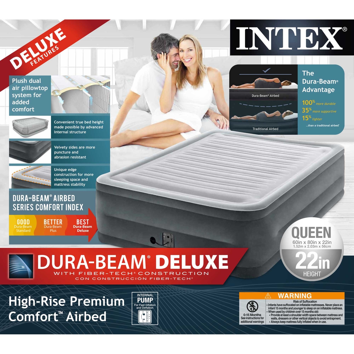 Intex Comfort Plush High Rise Dura-Beam Air Bed Mattress w/ Built-In Pump Queen