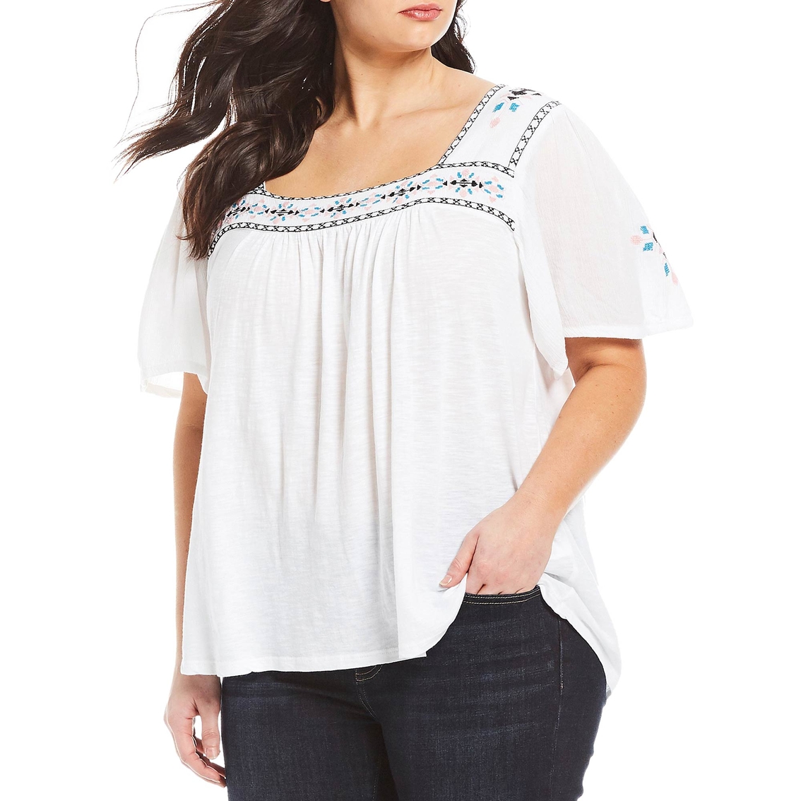 Lucky Brand Plus Size Embroidered Square Neck Top | Casual Shirts ...