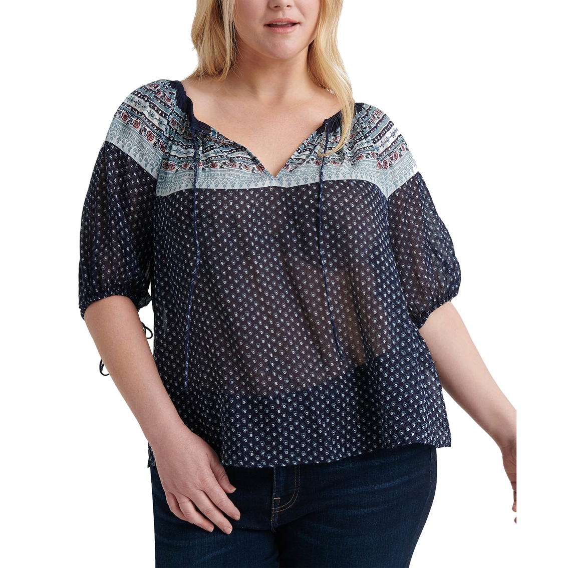 Lucky Brand Plus Size Printed Peasant Top, Tops