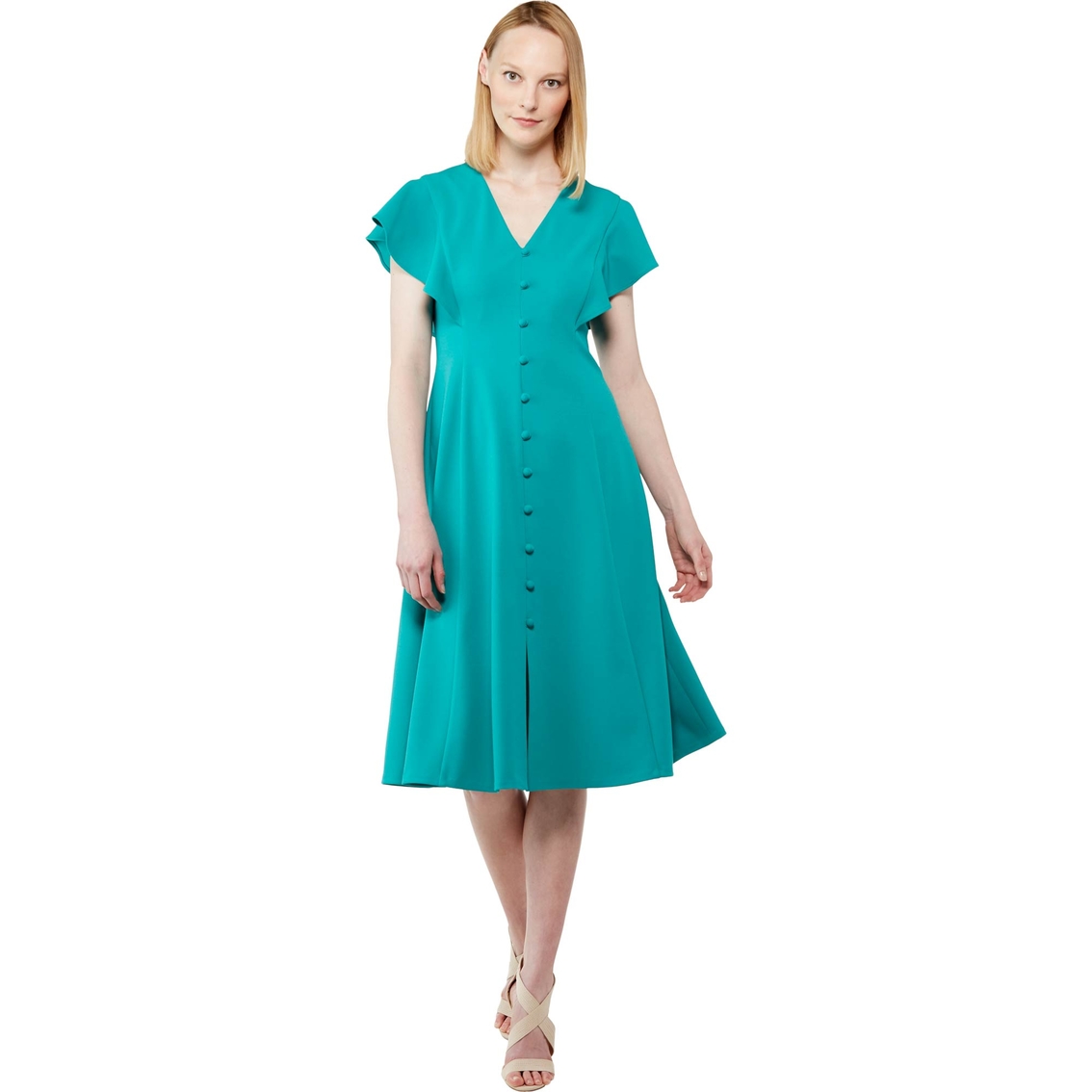 Calvin Klein V Neck Flutter Sleeve Midi Dress | Dresses | Clothing ...