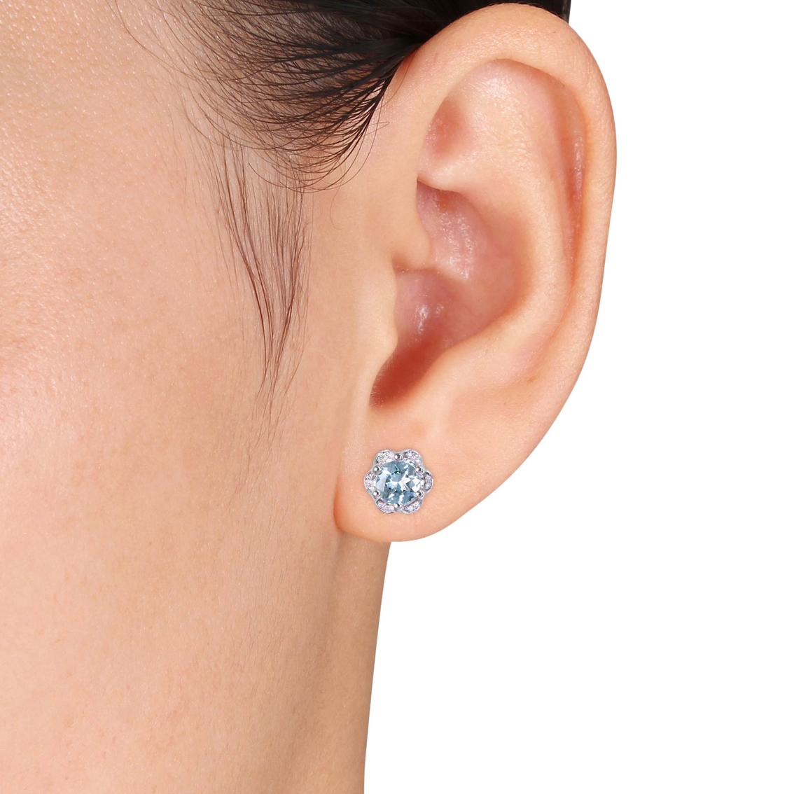 Sofia B. 14K White Gold Aquamarine and Diamond Accent Flower Stud Earrings - Image 2 of 2