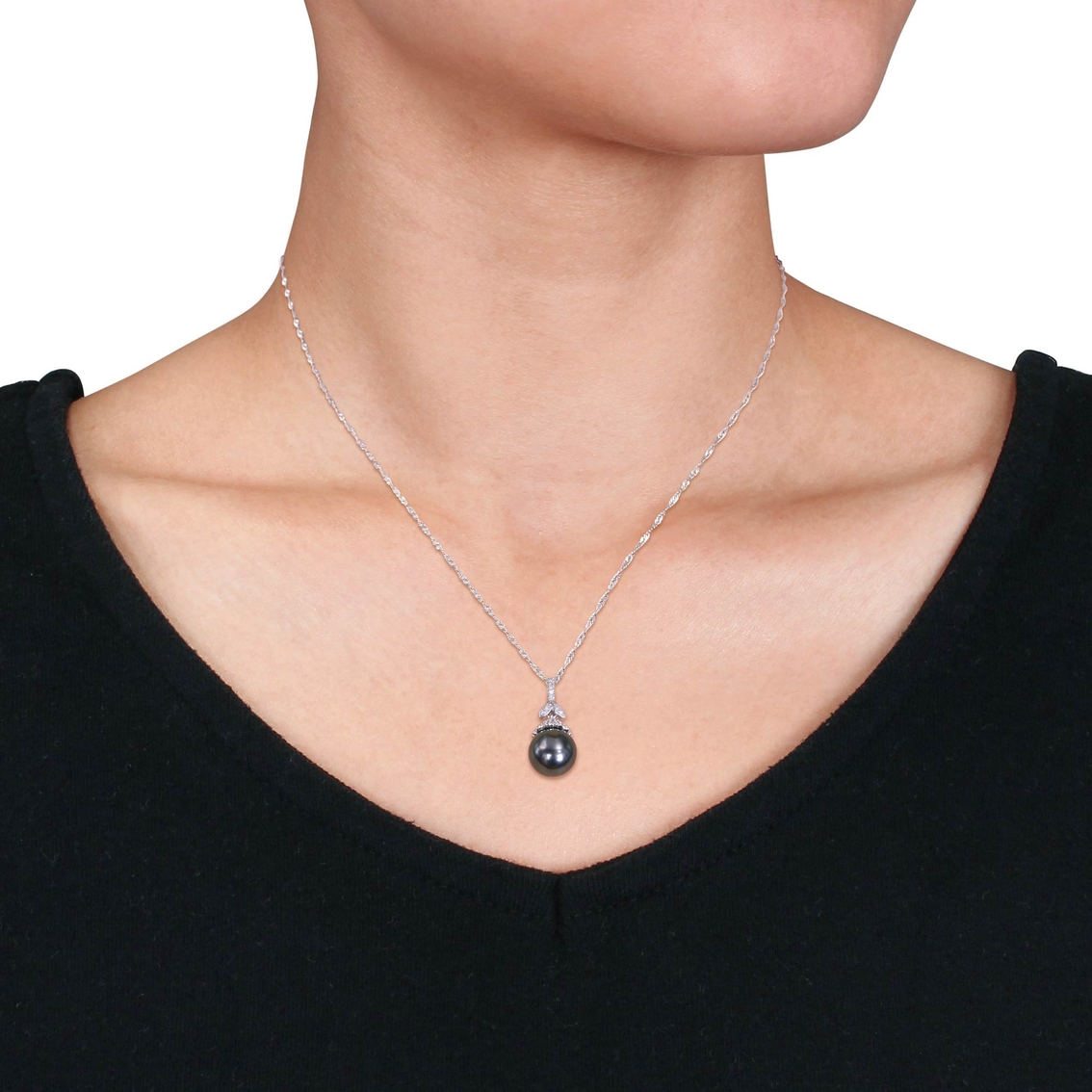Michiko 14K White Gold Tahitian Cultured Pearl and 1/10 CTW Diamond Drop Necklace - Image 2 of 2