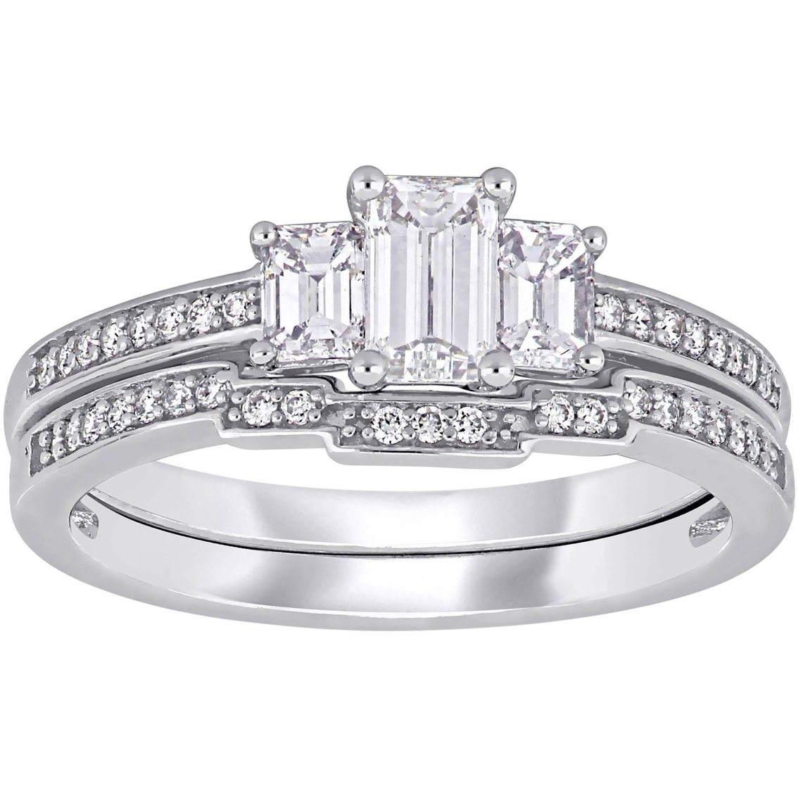 Certified 3-Stone Emerald Cut Diamond Engagement & Wedding Ring 14K White Gold 