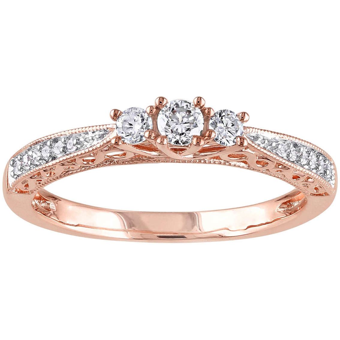 Diamore 10k Rose Gold 1/4 Ctw Diamond 3 Stone Engagement Ring ...