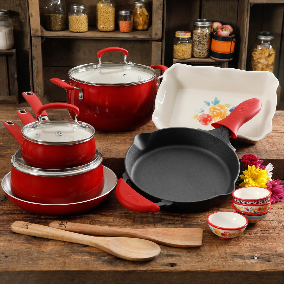 Pioneer Woman Fiona Floral 17 Pc. Cookware Combo Set, Cookware Sets, Household