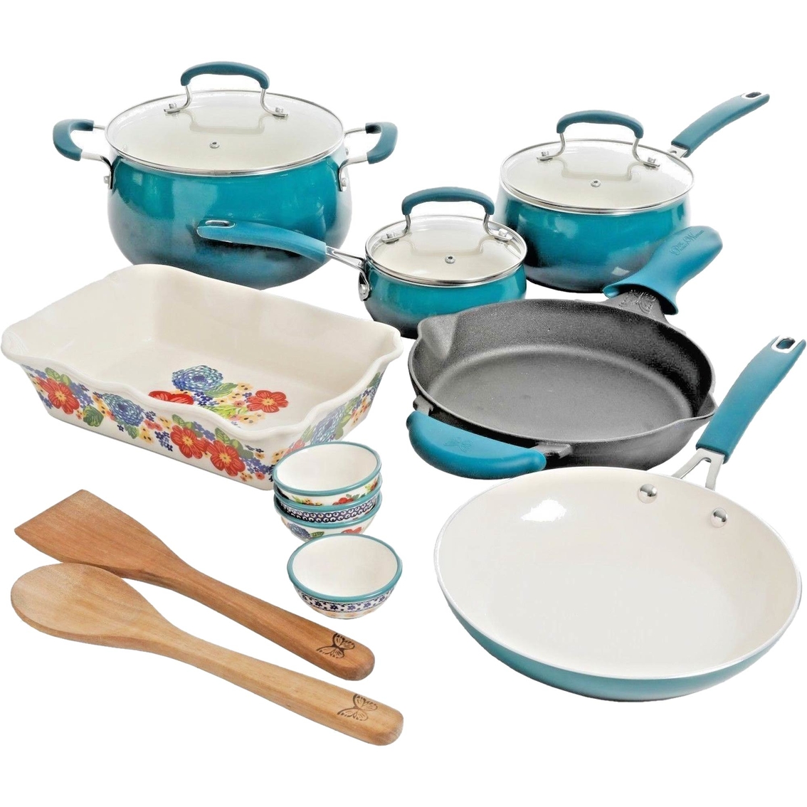 Pioneer Woman Dazzling Dahlias 17 Pc. Cookware Combo Set Ocean Teal, Cookware  Sets, Household