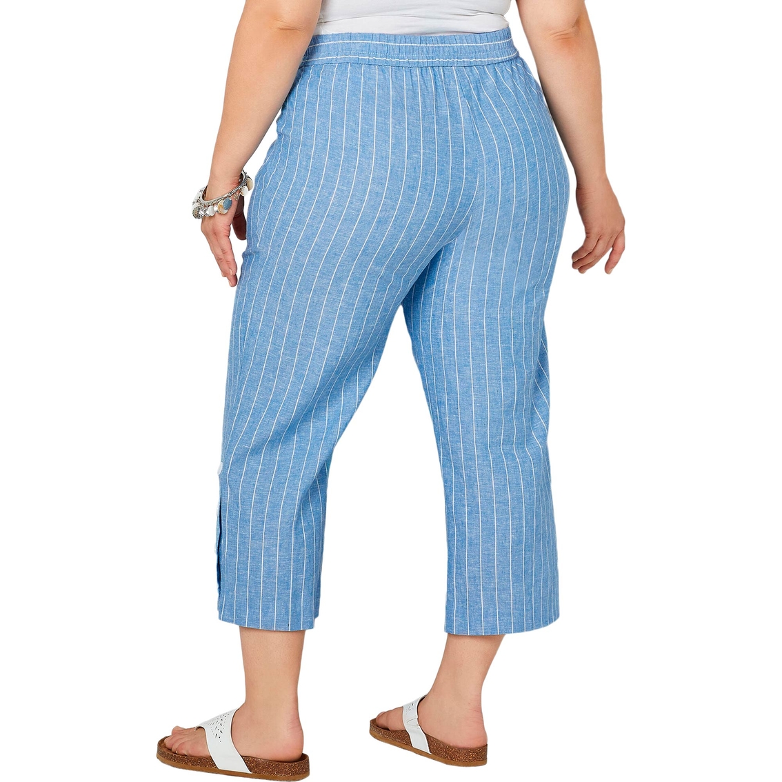 Avenue Plus Size Striped Linen Capri With Button Trim | Pants ...