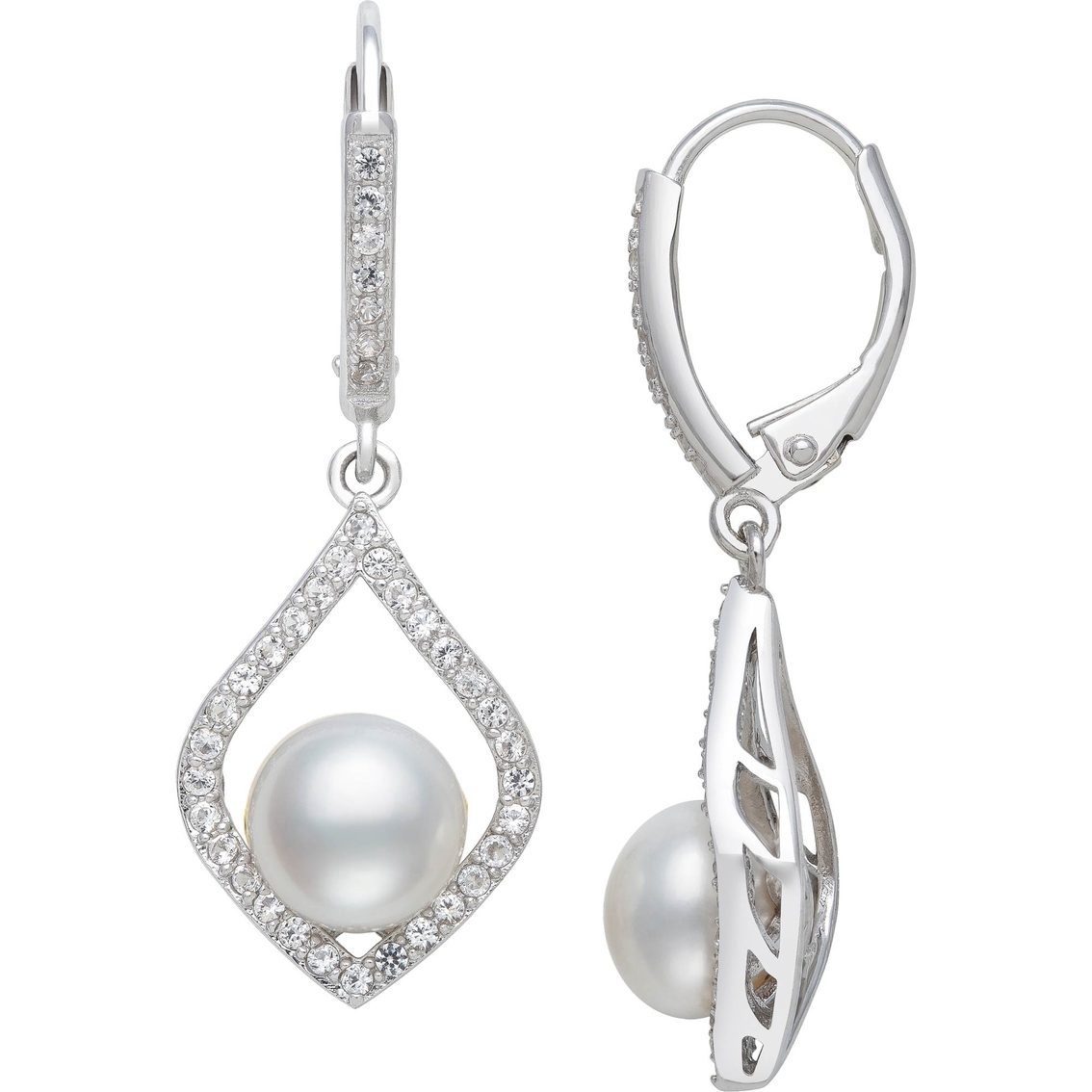 Sterling Silver Cultured Freshwater Pearl and Lab Created Sapphire Dangle Earrings - Image 2 of 2