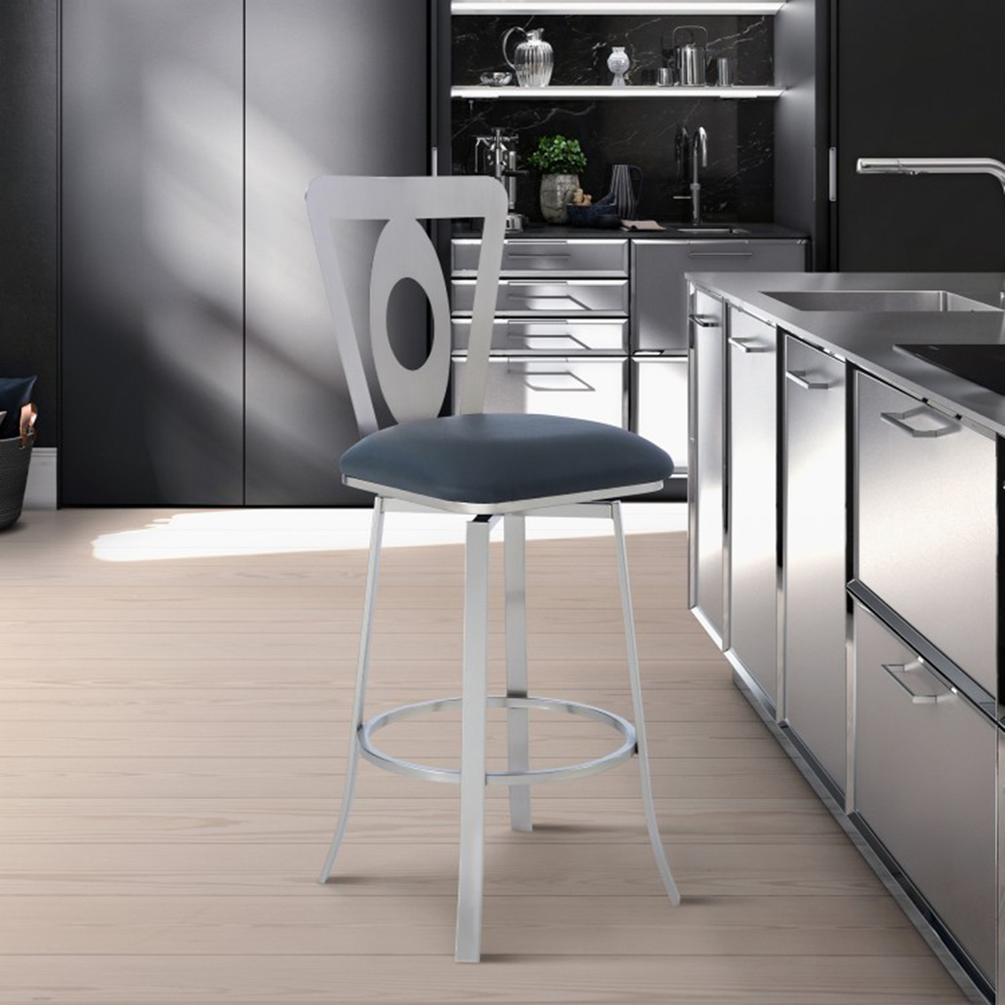 Armen Living Lola Barstool in Brushed Stainless Steel Finish and Grey Faux Leather - Image 7 of 7